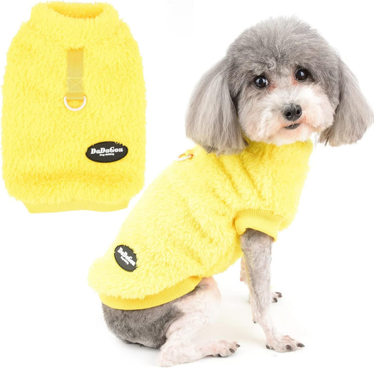 Cozy fleece dog sweater with D-ring - warm winter wear for small breeds & cats (Yellow)