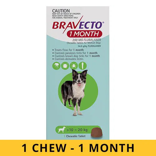 Bravecto - 1 Month Chew for Dogs 10-20 Kg - Medium (Green)