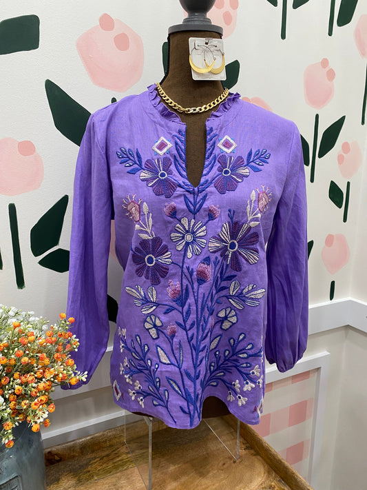 Adina purple paisley ruffle blouse