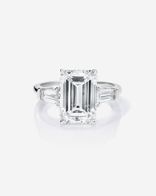 3.06 Emerald Lab Diamond in Whisper Thin® Three Stone with Tapered Baguettes