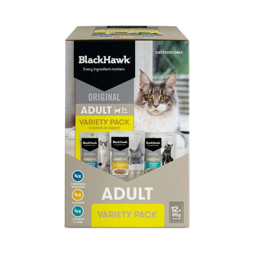 Black Hawk - Original Adult Pouches Chunks in Gravy Wet Cat Food Variety Pack 12 x 85g