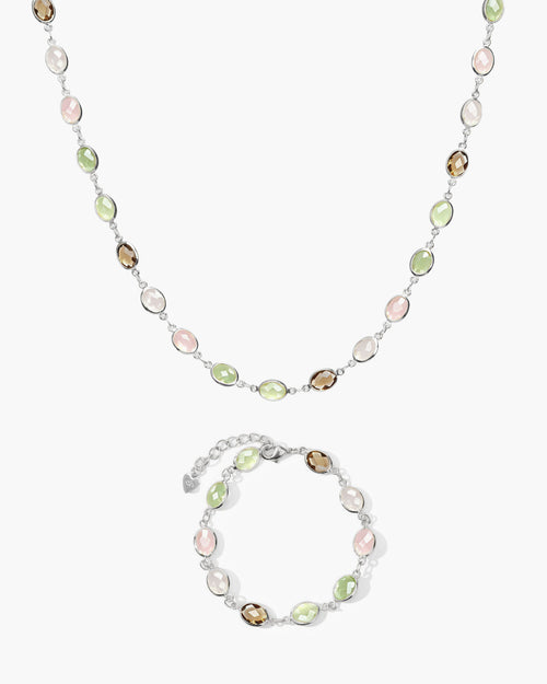 Whimsical Romance Stone Necklace and Bracelet Set in Silver