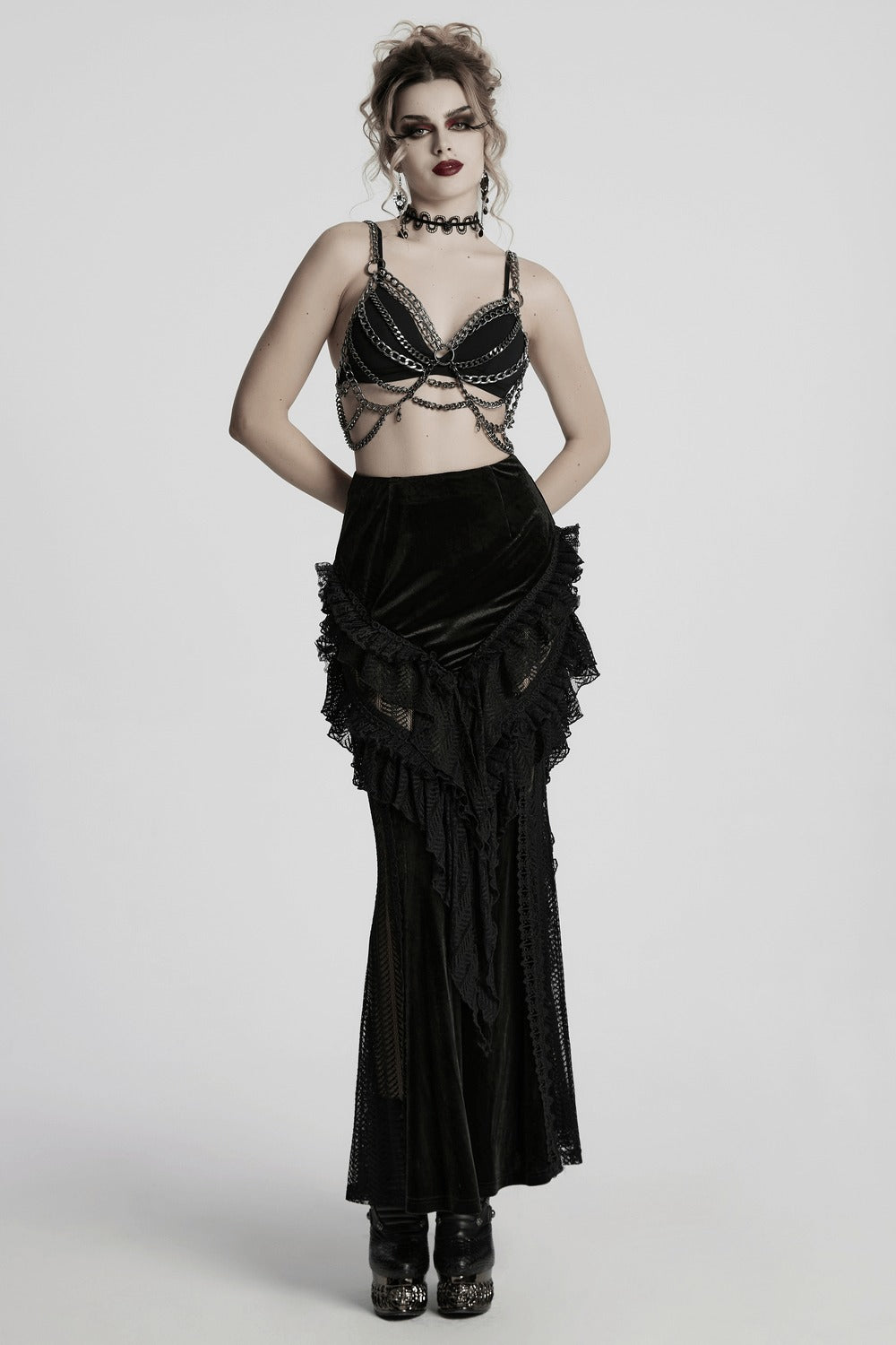 Calypso Ruffled Velvet Mermaid Maxi Skirt