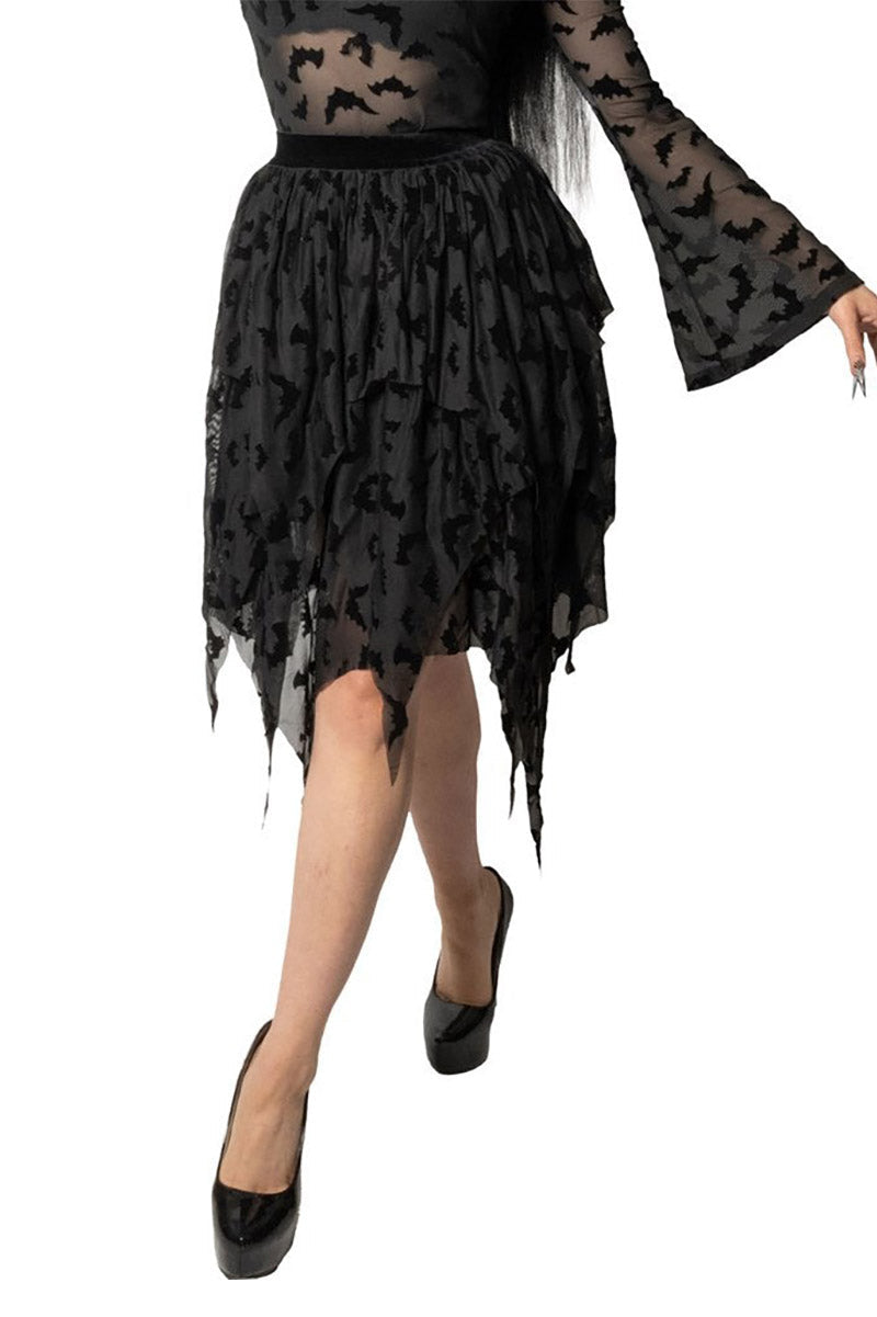 Bat Repeat Mesh Tiered Midi Skirt
