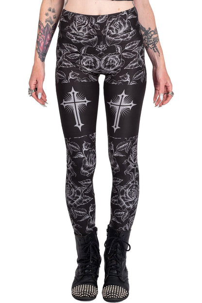Classic Goth Rose Cross High Waist Leggings