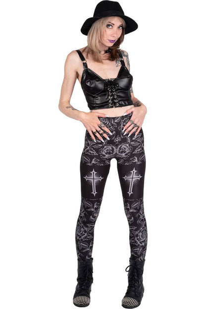 Classic Goth Rose Cross High Waist Leggings