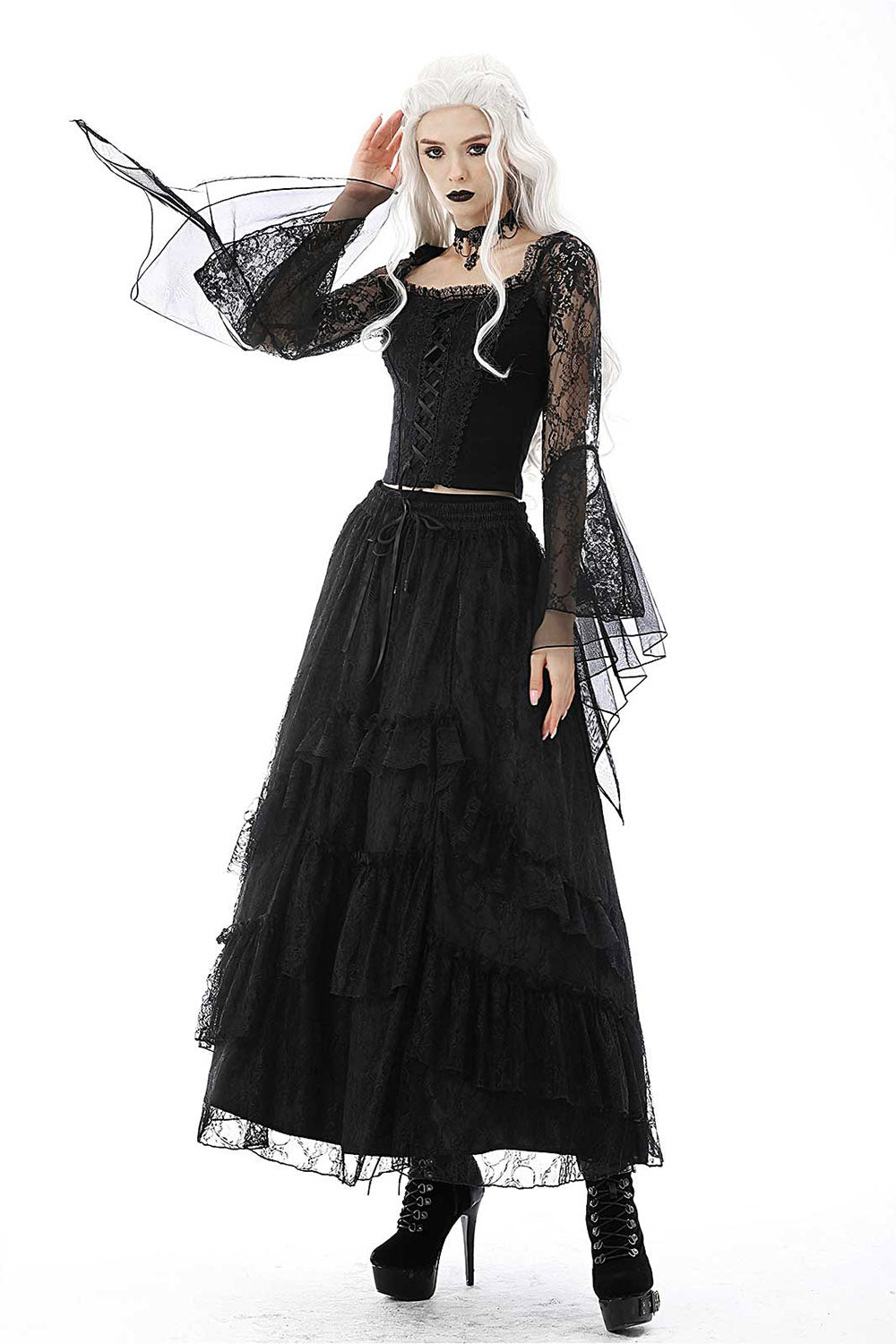 Black Twilight Ruffle Lace Maxi Skirt