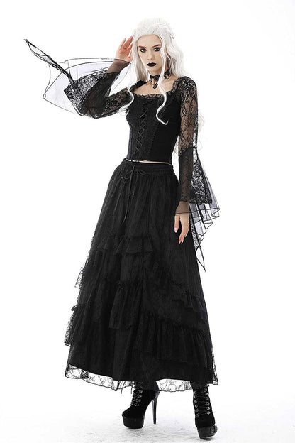 Black Twilight Ruffle Lace Maxi Skirt