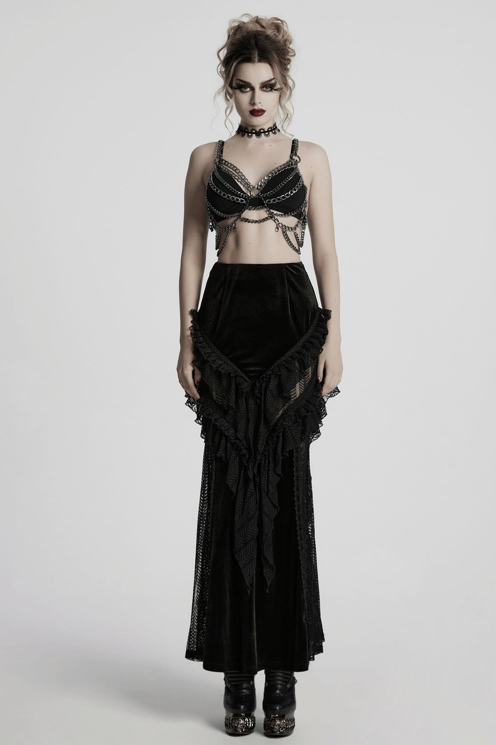 Calypso Ruffled Velvet Mermaid Maxi Skirt