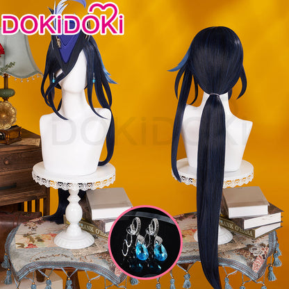 DokiDoki Game Genshin Impact Cosplay Clorinde Wig Long Blue Pony Tail Fontaine/ Earring