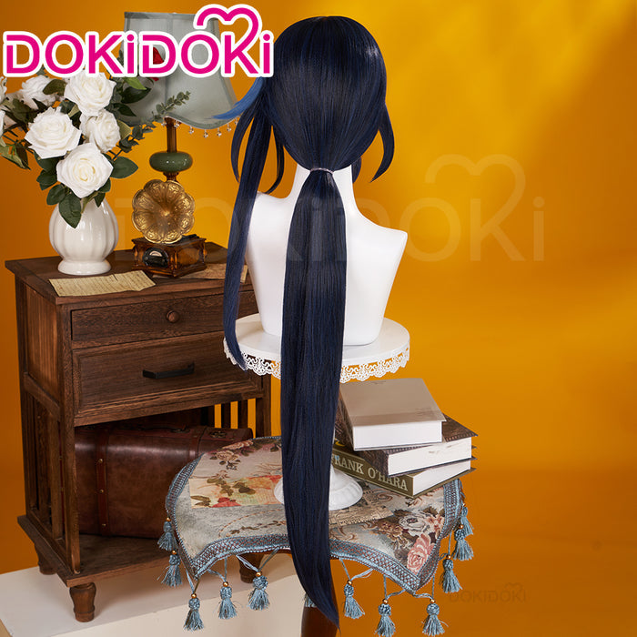DokiDoki Game Genshin Impact Cosplay Clorinde Wig Long Blue Pony Tail Fontaine/ Earring