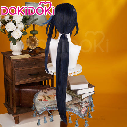 DokiDoki Game Genshin Impact Cosplay Clorinde Wig Long Blue Pony Tail Fontaine/ Earring