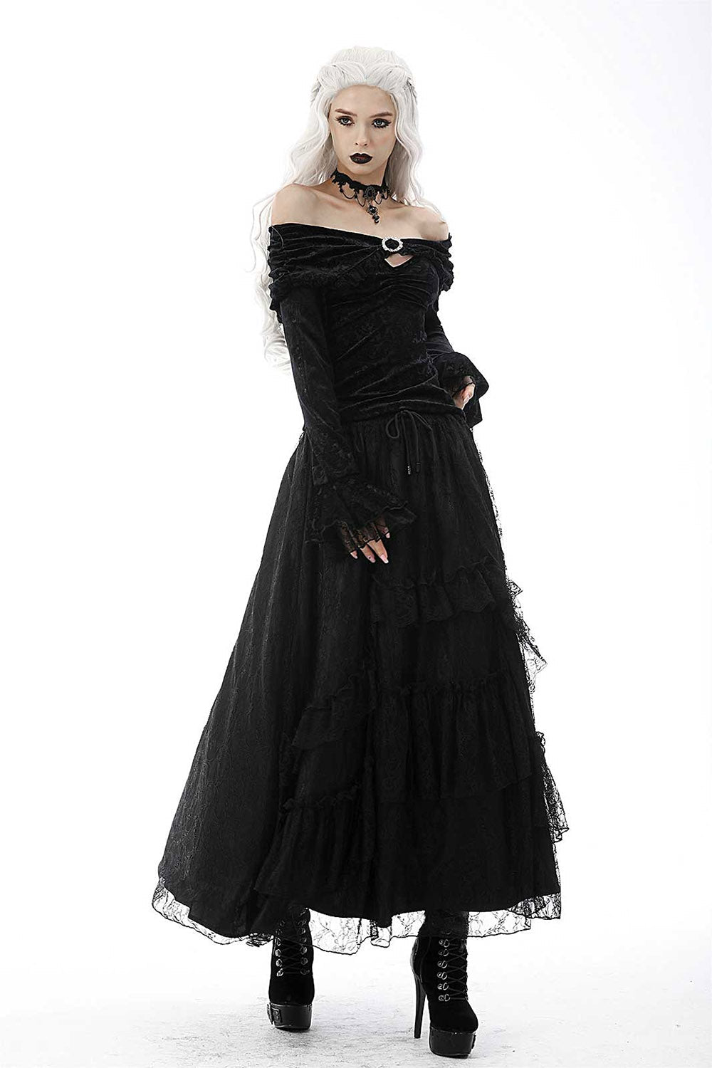 Black Twilight Ruffle Lace Maxi Skirt