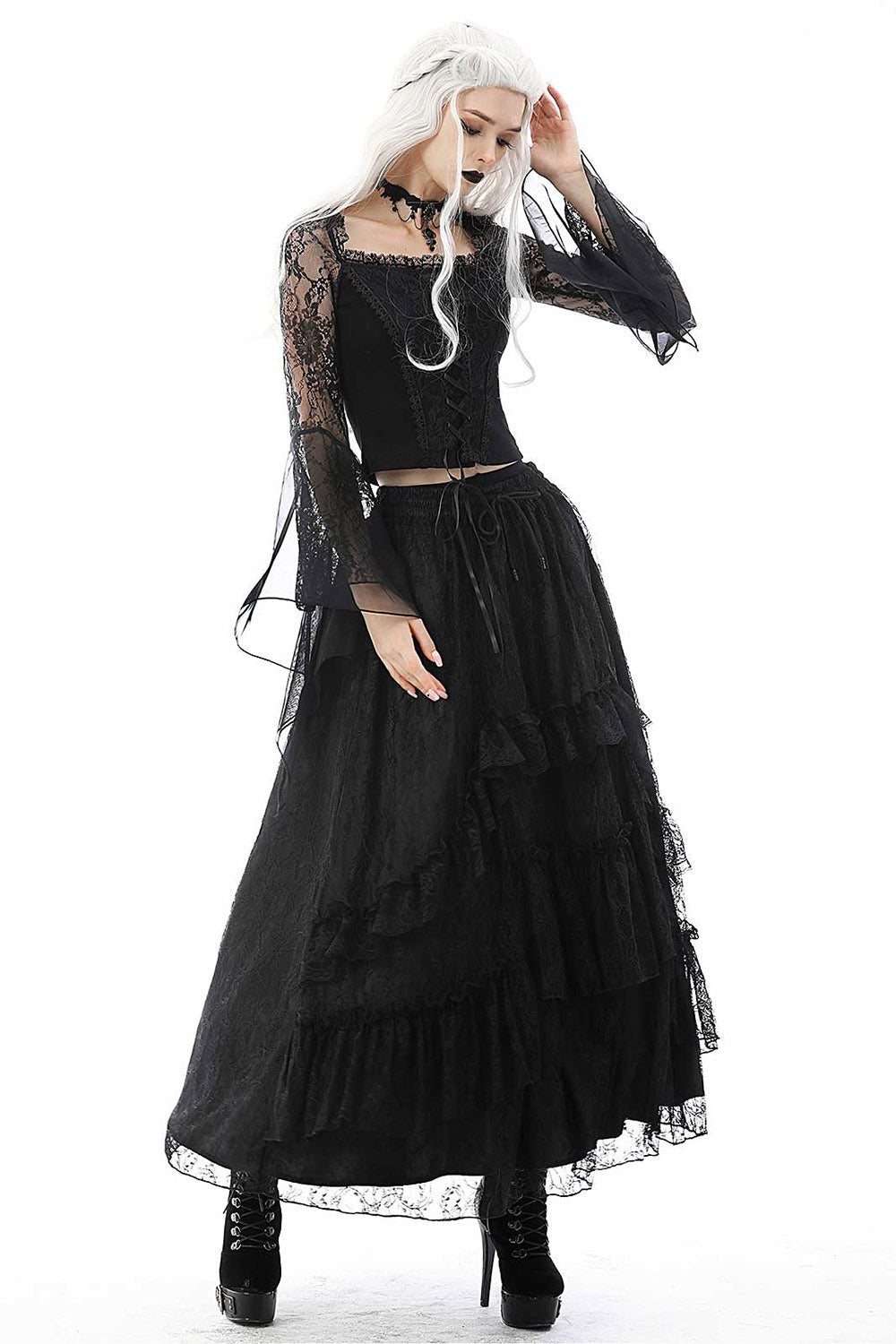 Black Twilight Ruffle Lace Maxi Skirt