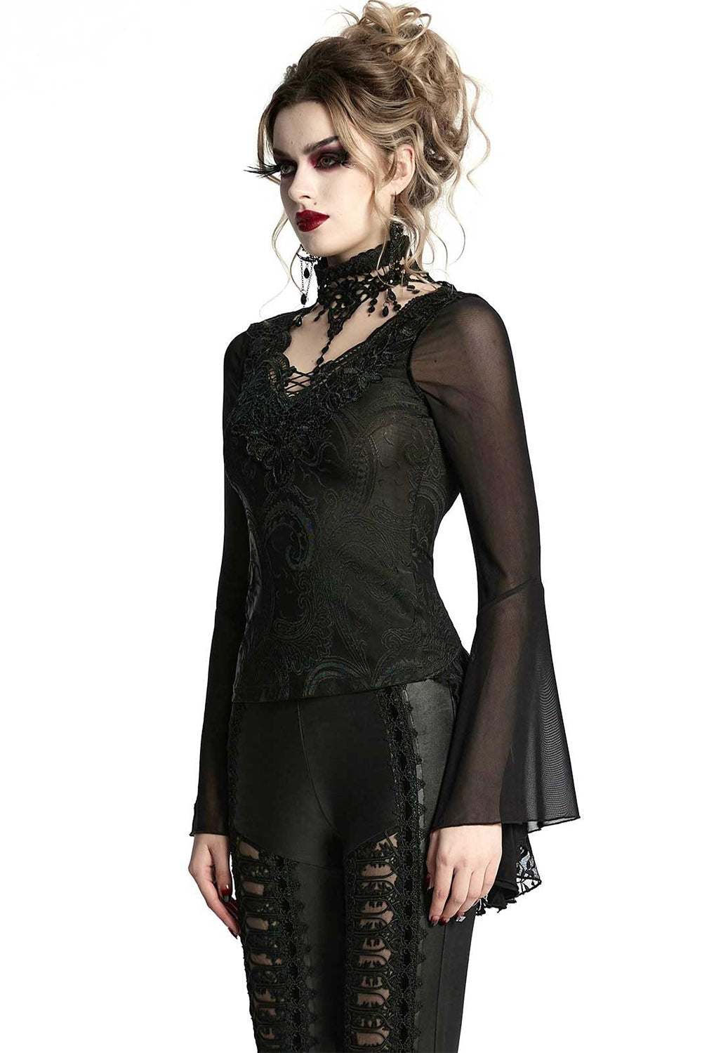 Bathory Damask Mesh Lace-Up Top