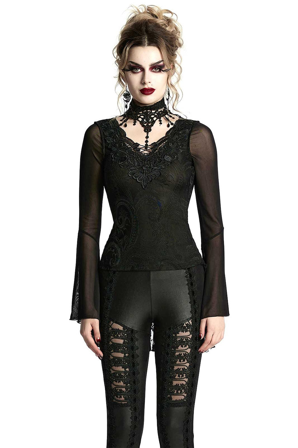 Bathory Damask Mesh Lace-Up Top
