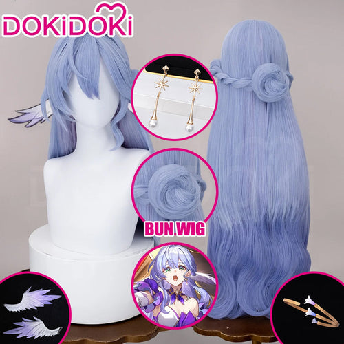 【Ready For Ship】DokiDoki Game Honkai: Star Rail Cosplay Robin Wig Long Curly Blue Gradient Hair / Earring / Ear Feather Hair Clips/ Wreath Headpiece