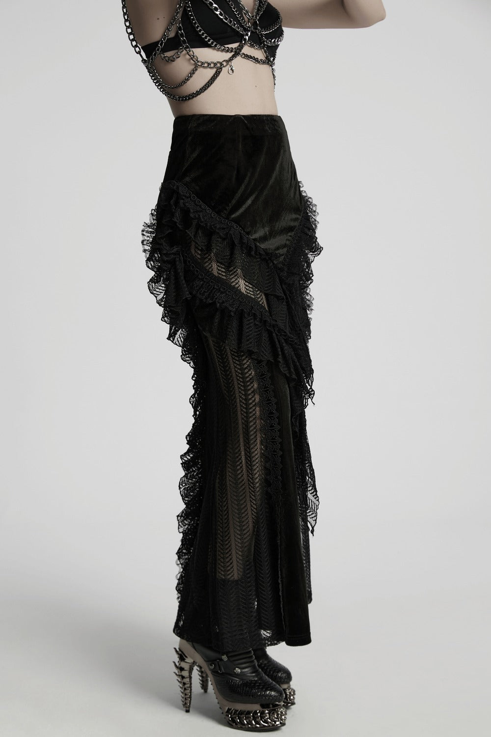 Calypso Ruffled Velvet Mermaid Maxi Skirt