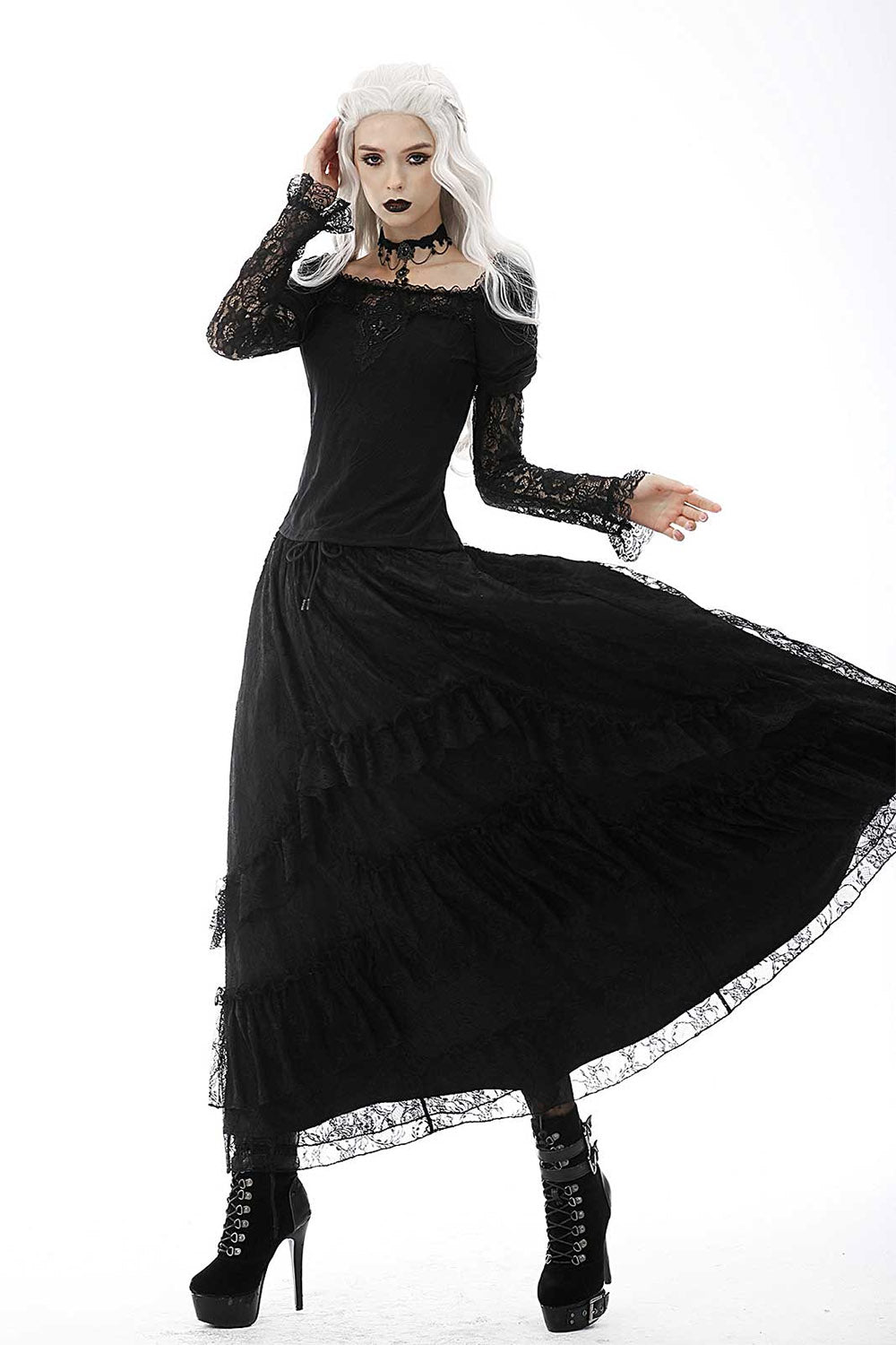 Black Twilight Ruffle Lace Maxi Skirt