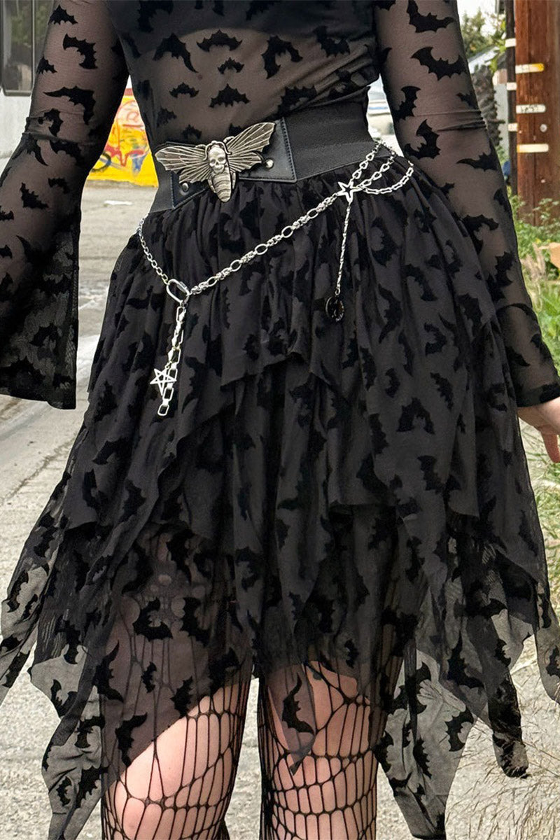 Bat Repeat Mesh Tiered Midi Skirt